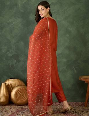 Women's Gorgeous Embroidery Work Silk Fabric Straight Kurta Pant and Dupatta Set 4