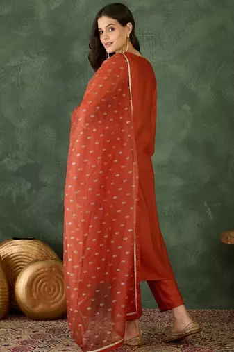 Women's Gorgeous Embroidery Work Silk Fabric Straight Kurta Pant and Dupatta Set