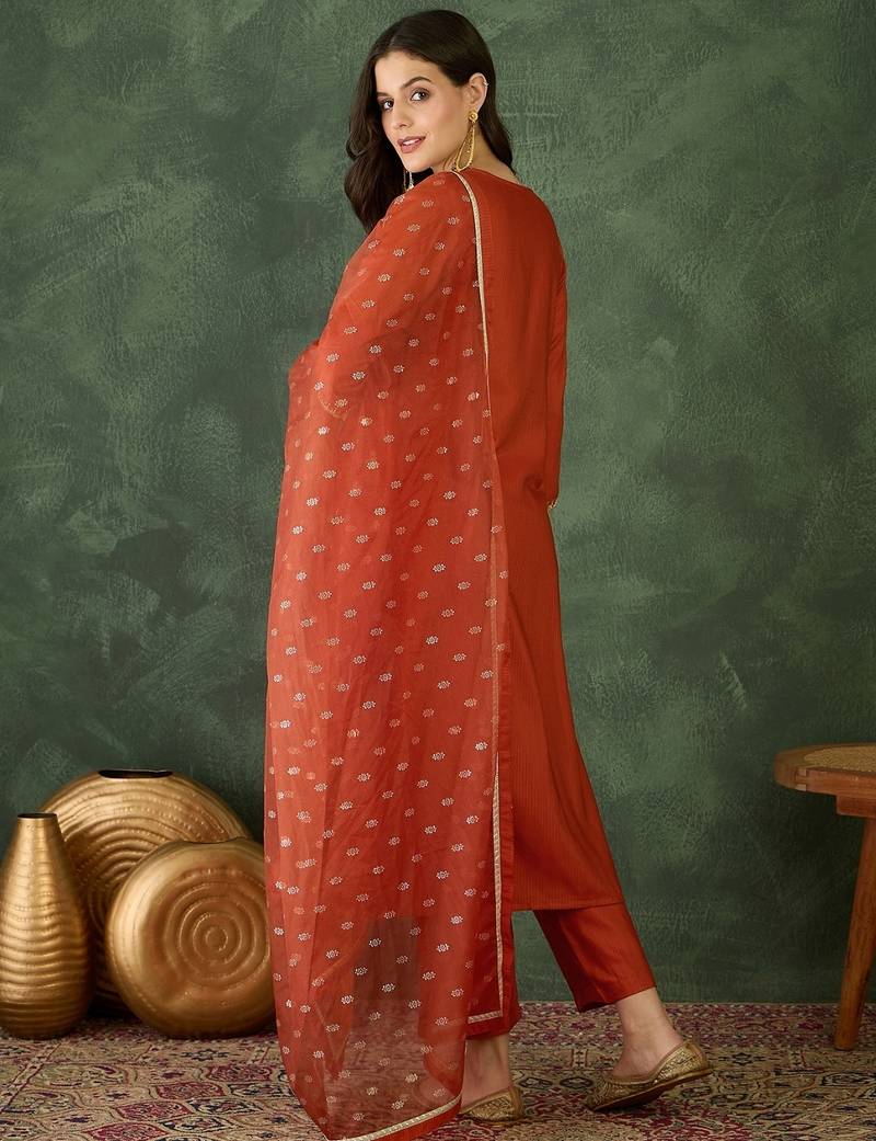 Women's Gorgeous Embroidery Work Silk Fabric Straight Kurta Pant and Dupatta Set