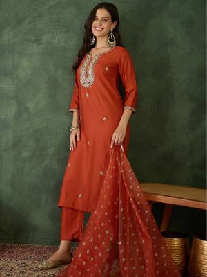 Women's Gorgeous Embroidery Work Silk Fabric Straight Kurta Pant and Dupatta Set 5