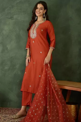 Women's Gorgeous Embroidery Work Silk Fabric Straight Kurta Pant and Dupatta Set