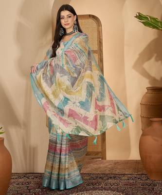 Aqua gold striped linen silver zari saree with digital print & highlighted belt 4