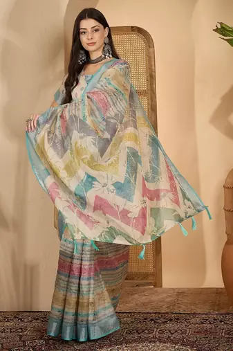 Aqua gold striped linen silver zari saree with digital print & highlighted belt