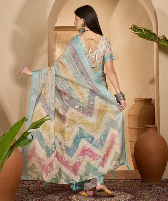 Aqua gold striped linen silver zari saree with digital print & highlighted belt 5