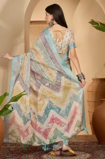 Aqua gold striped linen silver zari saree with digital print & highlighted belt