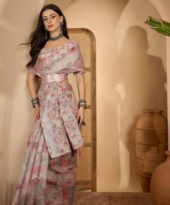 Elegant linen silver zari digital print saree with tassel pallu & designer belt 2