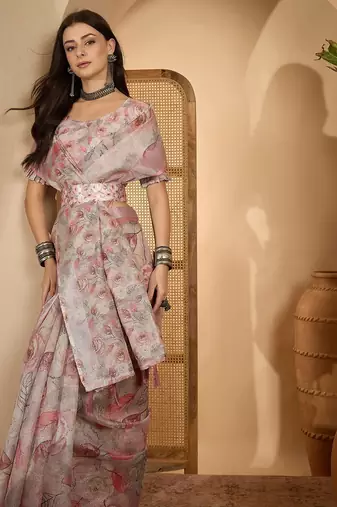 Elegant linen silver zari digital print saree with tassel pallu & designer belt