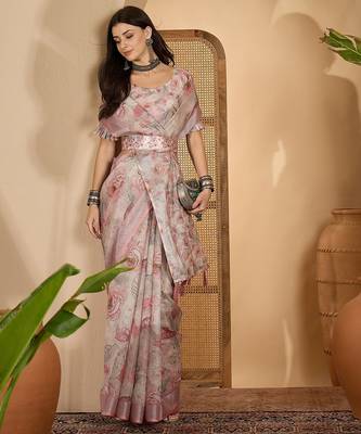 Elegant linen silver zari digital print saree with tassel pallu & designer belt 3
