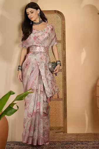 Elegant linen silver zari digital print saree with tassel pallu & designer belt
