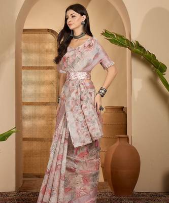 Elegant linen silver zari digital print saree with tassel pallu & designer belt 4