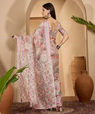 Elegant linen silver zari digital print saree with tassel pallu & designer belt 5