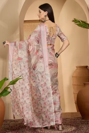 Elegant linen silver zari digital print saree with tassel pallu & designer belt