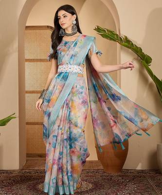 Linen silver zari multi-color digital print saree with latkan pallu & designer belt 1
