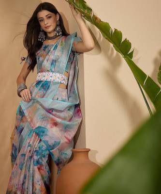 Linen silver zari multi-color digital print saree with latkan pallu & designer belt 2
