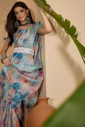 Linen silver zari multi-color digital print saree with latkan pallu & designer belt