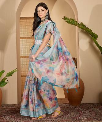 Linen silver zari multi-color digital print saree with latkan pallu & designer belt 4