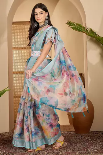 Linen silver zari multi-color digital print saree with latkan pallu & designer belt