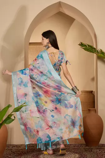 Linen silver zari multi-color digital print saree with latkan pallu & designer belt