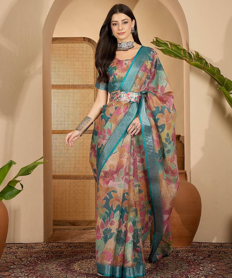 Multicolour linen zari digital print saree with belt fancy zari border designer festive saree