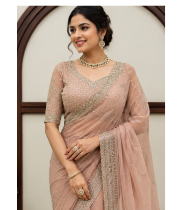 Peach Color Intricate Thred With Sequnce Work Tissue Saree 1
