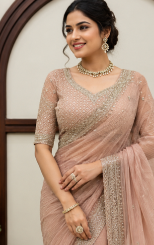 Peach Color Intricate Thred With Sequnce Work Tissue Saree