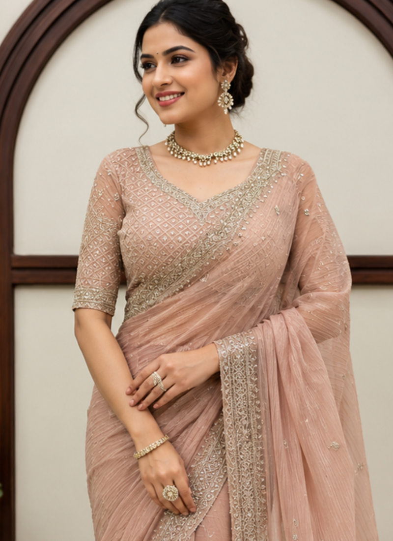 Peach Color Intricate Thred With Sequnce Work Tissue Saree