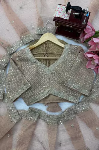 Peach Color Intricate Thred With Sequnce Work Tissue Saree