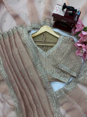 Peach Color Intricate Thred With Sequnce Work Tissue Saree 4