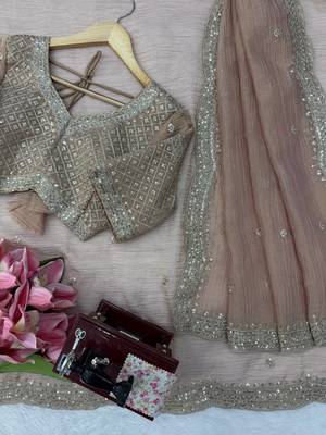 Peach Color Intricate Thred With Sequnce Work Tissue Saree 5