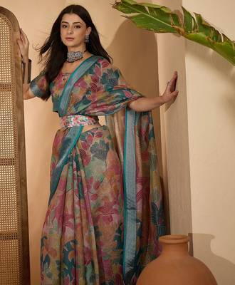 Multicolour linen zari digital print saree with belt fancy zari border designer festive saree 2