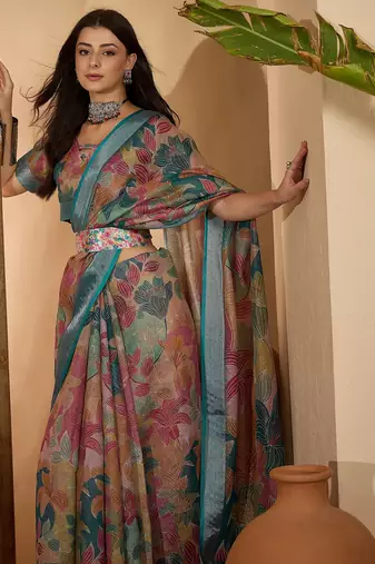 Multicolour linen zari digital print saree with belt fancy zari border designer festive saree