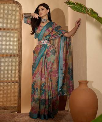 Multicolour linen zari digital print saree with belt fancy zari border designer festive saree 3