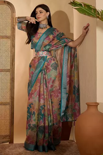 Multicolour linen zari digital print saree with belt fancy zari border designer festive saree