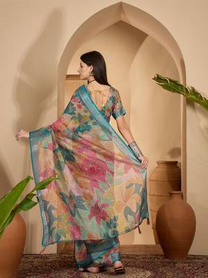 Multicolour linen zari digital print saree with belt fancy zari border designer festive saree 4