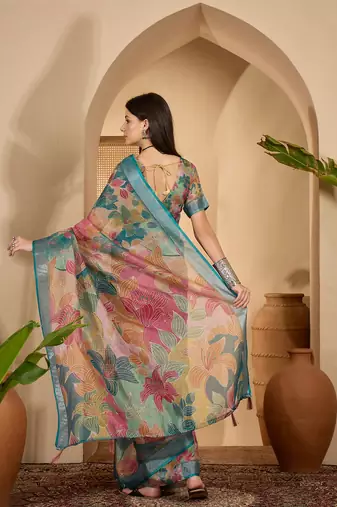 Multicolour linen zari digital print saree with belt fancy zari border designer festive saree