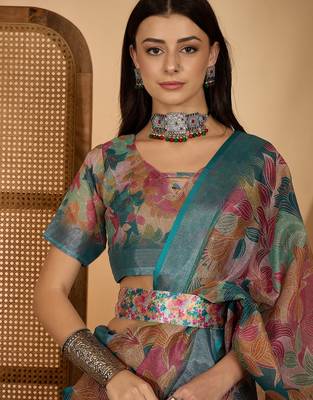 Multicolour linen zari digital print saree with belt fancy zari border designer festive saree 5