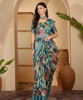Teal linen zari digital print saree with belt fancy multicolour print zari border festive saree 1