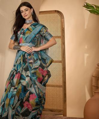 Teal linen zari digital print saree with belt fancy multicolour print zari border festive saree 2
