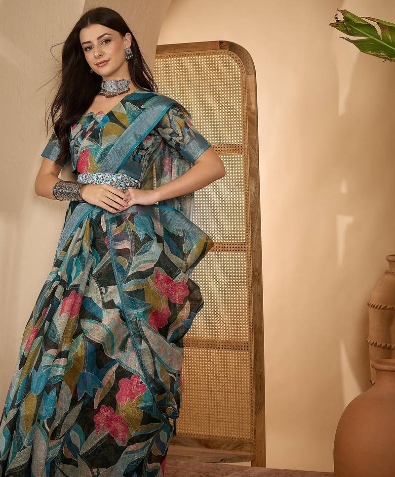 Teal linen zari digital print saree with belt fancy multicolour print zari border festive saree