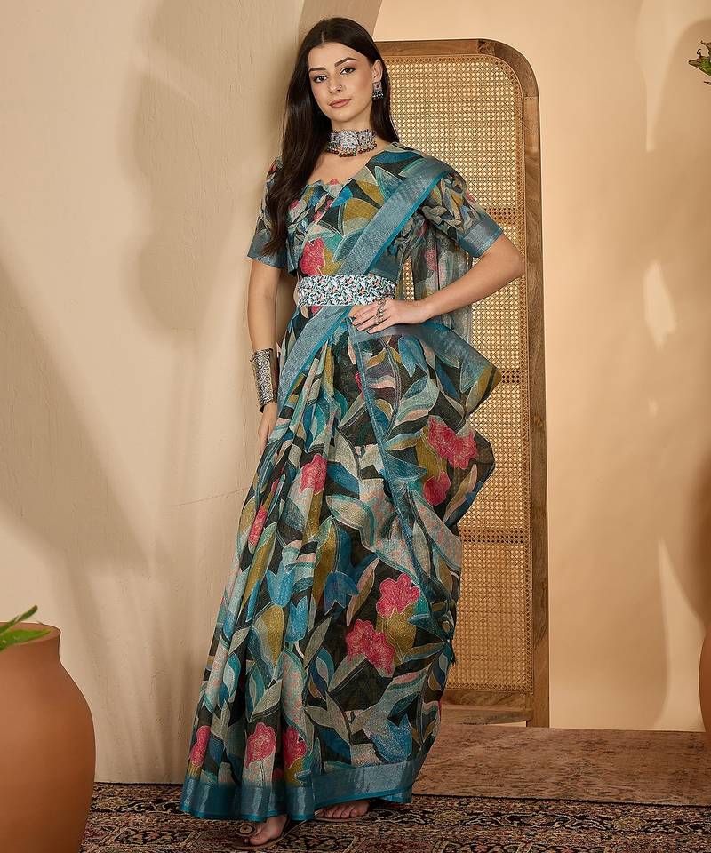 Teal linen zari digital print saree with belt fancy multicolour print zari border festive saree