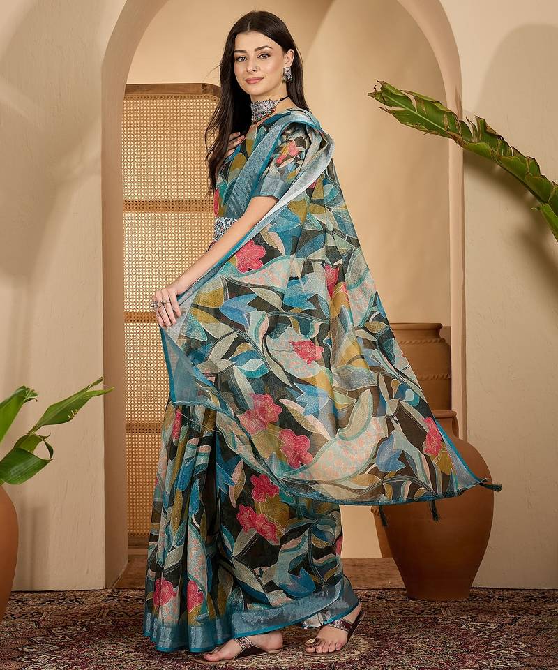 Teal linen zari digital print saree with belt fancy multicolour print zari border festive saree