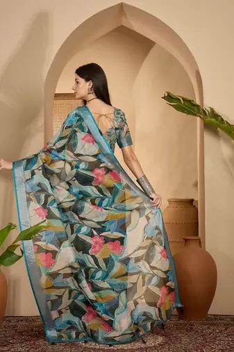 Teal linen zari digital print saree with belt fancy multicolour print zari border festive saree