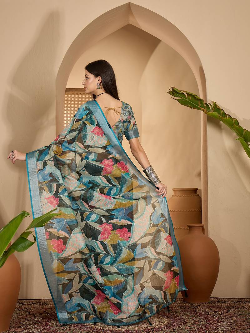 Teal linen zari digital print saree with belt fancy multicolour print zari border festive saree