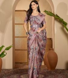 Dusty pink linen zari digital print saree with belt floral print zari border designer festive saree