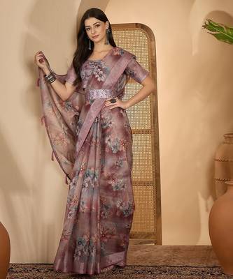 Dusty pink linen zari digital print saree with belt floral print zari border designer festive saree 2