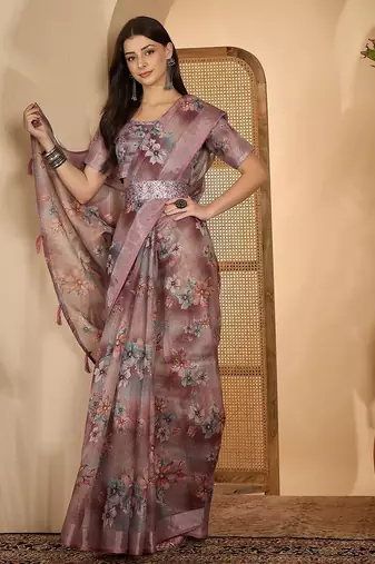 Dusty pink linen zari digital print saree with belt floral print zari border designer festive saree
