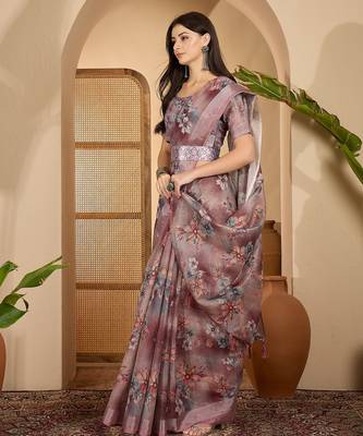 Dusty pink linen zari digital print saree with belt floral print zari border designer festive saree 3