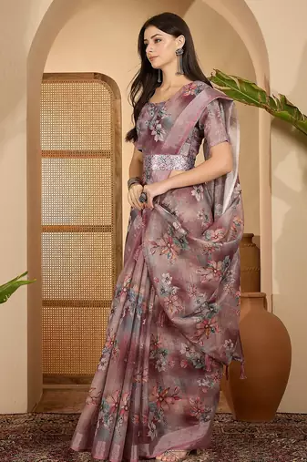 Dusty pink linen zari digital print saree with belt floral print zari border designer festive saree