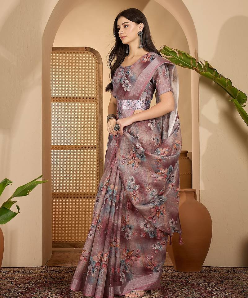 Dusty pink linen zari digital print saree with belt floral print zari border designer festive saree