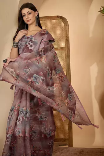 Dusty pink linen zari digital print saree with belt floral print zari border designer festive saree